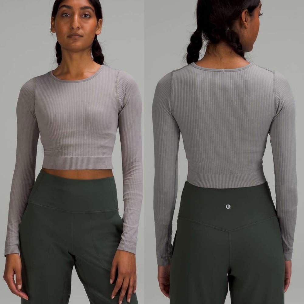 Lululemon Ebb To Street Long Sleeve Shirt Grey Womens Size 6 Ribbed Crop Run Top - Picture 2 of 16